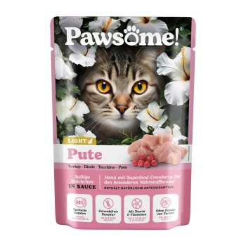 Adult Pute 28x85 g Pawsome! Katzenfutterbeutel mit einer Nahaufnahme des Gesichts einer Katze, umgeben von Blumen, beschriftet mit "LIGHT Pute" und Zutaten aus Truthahn und Cranberry.