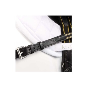 Nahaufnahme eines schwarzen Leder-Haustiergeschirrriemens mit einer silbernen Schnalle, mit einer weißen gepolsterten Steppung und einem Etikett mit der Aufschrift "Kaval."