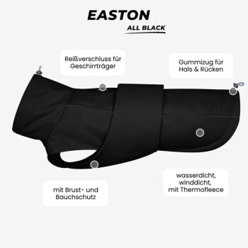 Schwarzer "EASTON" Hundemantel mit Harness-Reißverschluss, elastischem Hals und Rücken sowie thermischem Fleece; wasserdicht und winddicht.