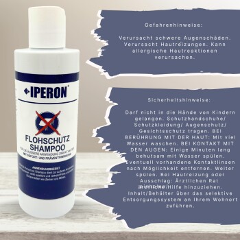 Weiße Flasche mit der Aufschrift IPERON FLOHSCHUTZ SHAMPOO, durchgestrichenes Floh-Logo und deutsche Warn-/Sicherheitsangaben.