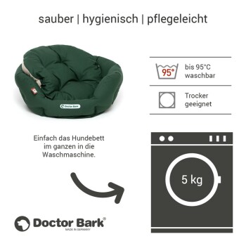 Grünes Hundebett von Doctor Bark, maschinenwaschbar bis 95°C, trocknergeeignet, mit Text, der seine hygienischen und pflegeleichten Eigenschaften hervorhebt.