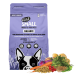 Lila Haustierfuttertüte mit der Aufschrift 'eat SMALL Insects for Pets - BALANCE' und einer Illustration eines Französischen Bulldogs, mit Gemüse wie Karotten und Kartoffeln.