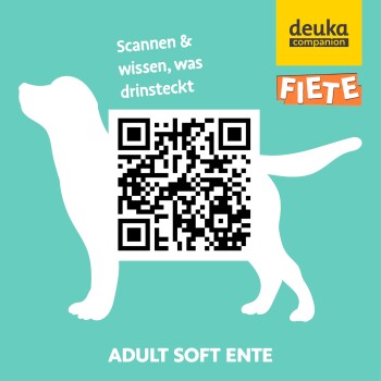 Weiße Silhouette eines Hundes mit einem QR-Code auf einem türkisfarbenen Hintergrund, mit dem Text "Scannen & wissen, was drinsteckt" und "ADULT SOFT ENTE."