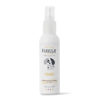 White spray bottle labeled "Furrish" Cosmo — unisex scented cologne for dogs, 150ml, with a small cartoon dog illustration