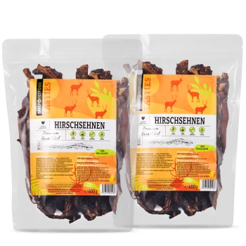 Zwei transparente Beutel mit Haustierleckereien, die mit 'HIRSCHSEHNEN' beschriftet sind und hochwertige Wildsnacks enthalten, jeweils mit 600g.
