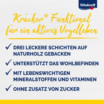 Kräcker® Functional von Vitakraft: dreischichtiger gebackener Snack für aktive Vögel, reich an Mineralien und Vitaminen, und zuckerfrei.