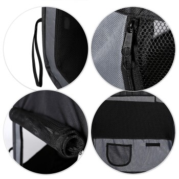Nahaufnahmen eines Haustierträgers mit einem Netzdesign, Reißverschlussdetails, gerolltem Griff und einer kleinen Tasche zur Aufbewahrung.