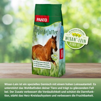 PANTO Pferdefuttertasche mit einem braunen Pferd, das wichtige Vorteile wie Vitamine, Mineralien und Omega-Fettsäuren für die Gesundheit von Pferden hervorhebt.