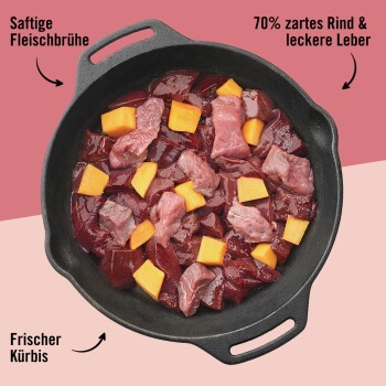 Eine gusseiserne Pfanne mit Rindfleisch, Leber und Kürbis auf einem rosa Hintergrund. Text: '70% zartes Rindfleisch & schmackhafte Leber', 'Saftige Fleischbrühe', 'Frischer Kürbis.'