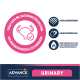 Etikett von Advance Veterinary Diets Tierfutter, mit einem rosa Blasen-Symbol und Text auf Deutsch über die Reduzierung der Kristallbildung. "URINARY" hervorgehoben.