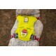 Eine Nahaufnahme eines Hundes, der ein leuchtend gelbes Ruffwear-Geschirr mit roten Riemen trägt, das das Logo und den Befestigungspunkt zeigt.