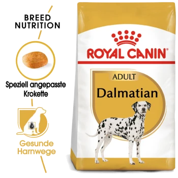 Royal Canin Adult Dalmatian Hundefutterbeutel mit einer Dalmatiner-Illustration, mit Text, der die Ernährungsbedürfnisse der Rasse und einen gesunden Harntrakt hervorhebt.
