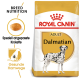 Royal Canin Adult Dalmatian Hundefutterbeutel mit einer Dalmatiner-Illustration, mit Text, der die Ernährungsbedürfnisse der Rasse und einen gesunden Harntrakt hervorhebt.