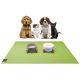 Eine Gruppe von vier Haustieren, darunter zwei Hunde, ein Kätzchen und eine schwarze Katze, sitzt auf einer grünen Matte mit zwei Fressnäpfen vor ihnen.