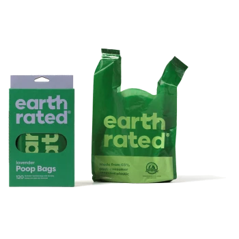 Green packaging of Earth Rated lavender-scented poop bags, featuring 120 bags made from 65% recycled plastic.