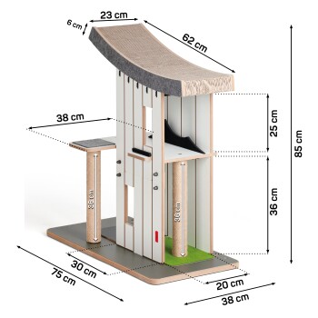 Katzenbaum mit Kratzpfosten, Plattformen und einer gebogenen Oberseite, mit den Abmessungen: 85 cm Höhe, 62 cm Breite, 30 cm Tiefe.