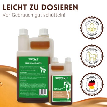 Kind füttert ein weißes Pferd aus einem grünen Eimer, daneben eine Flasche Supravit Bronchial Kräuter; Text: „Leicht zu dosieren, 20 ml pro Tag ins Futter gemischt.“