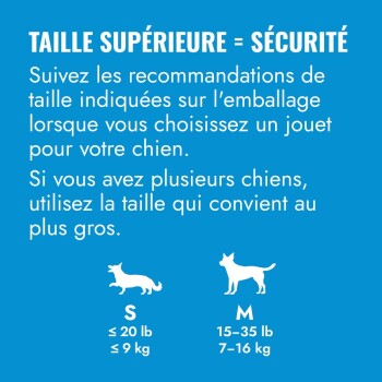 Guide des tailles bleu en français pour jouets pour chiens : « TAILLE SUPÉRIEURE = SÉCURITÉ » avec conseils et icônes S ≤20 lb/≤9 kg ; M 15–35 lb/7–16 kg.
