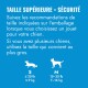 Guide des tailles bleu en français pour jouets pour chiens : « TAILLE SUPÉRIEURE = SÉCURITÉ » avec conseils et icônes S ≤20 lb/≤9 kg ; M 15–35 lb/7–16 kg.