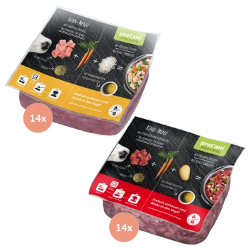 Zwei proCani-Hundefutterpakete mit der Aufschrift "Huhn-Menü" und "Rind-Menü," jedes enthält 14 Portionen Huhn oder Rind mit Gemüse.