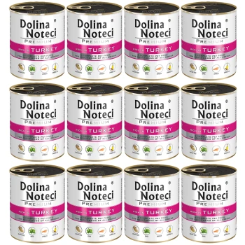 Premium Adult bogata w indyka puszka 12x800 g Dwanaście puszek karmy dla psów Dolina Noteci Premium, "Rich in Turkey," dla dorosłych psów, w białym i różowym designie.