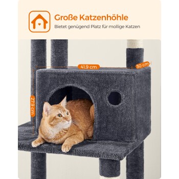 Eine gemütliche graue Katzenhöhle mit einer orangefarbenen Katze, die auf einem Regal entspannt, mit den Abmessungen 41,9 cm Breite, 30 cm Tiefe und 27,9 cm Höhe.