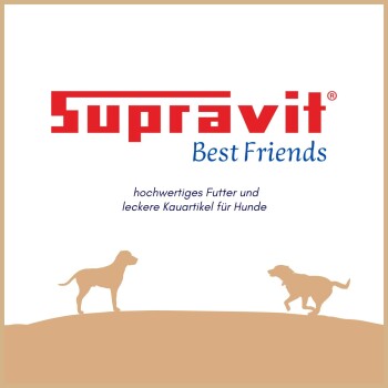 Supravit-Logo mit dem Text "Beste Freunde" über Silhouetten von zwei Hunden und dem Satz "hochwertiges Futter und leckere Kauartikel für Hunde."