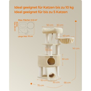 Katzenbaum geeignet für Katzen bis 10 kg, Platz für bis zu 5 Katzen; Abmessungen und Merkmale in orangefarbenem Text beschriftet.