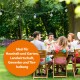 Menschen, die im Freien an einem Tisch mit Grünpflanzen und Lichtern speisen. Text: "Ideal für Haushalt, Garten, Landwirtschaft, Gewerbe, Tierhaltung."