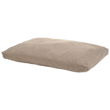 Beiges Haustierbett mit einer weichen, gerippten Textur, rechteckiger Form und plüschiger Polsterung, ideal für Hunde oder Katzen.