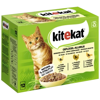 Katze-Futterbox mit einer verspielten orangefarbenen Tabby und der Marke "kitekat". Enthält 12 Portionen Geflügel in Gelee und betont "NATÜRLICHE VITALITÄT 100% VOLLSTÄNDIG."
