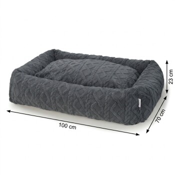 Ciemnoszare prostokątne pluszowe legowisko dla psa z podwyższonymi bokami i teksturą warkocza; wymiary: 100 cm × 70 cm × 23 cm