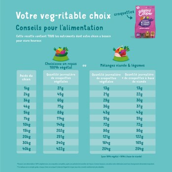 Infographie par Edgard & Cooper montrant les directives d'alimentation pour les chiens avec un tableau des quantités de croquettes en fonction du poids et des options de mélange.