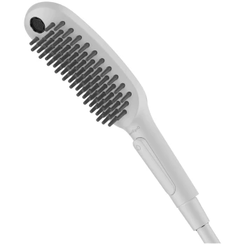 Eine schlanke, weiße Haustierpflegebürste mit flexiblen Borsten und einem Power-Knopf am Griff, entworfen für eine einfache Pflege von Haustieren.