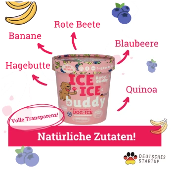 Ice Ice Buddy Hundeeisbehälter mit natürlichen Zutaten, beschriftet mit: Banane, Hagebutte, Rote Beete, Heidelbeere, Quinoa.
