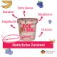 Ice Ice Buddy Hundeeisbehälter mit natürlichen Zutaten, beschriftet mit: Banane, Hagebutte, Rote Beete, Heidelbeere, Quinoa.
