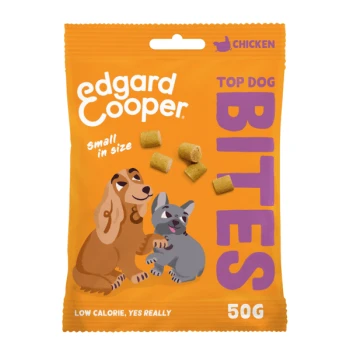 Colorful Edgard Cooper "Top Dog Bites" bag with dachshund and bulldog illustrations, featuring 50g of low-calorie chicken treats.