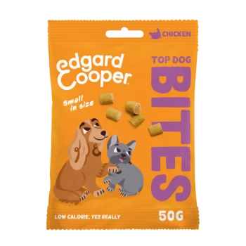 Colorful Edgard Cooper "Top Dog Bites" bag with dachshund and bulldog illustrations, featuring 50g of low-calorie chicken treats.