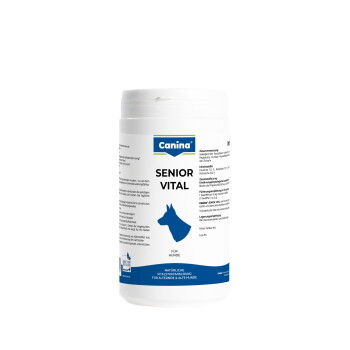 Weiße Canina-'SENIOR VITAL'-Dose für Hunde, weißes Gefäß mit blauem Etikett, Markenname, blauem Hundesymbol und dem Text 'Für Hunde'.