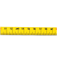 Gelbes Maßband mit schwarzen und roten Zahlen, mit kleinen Hund- und Knochen-Symbolen zwischen 12 und 19 Zentimetern.