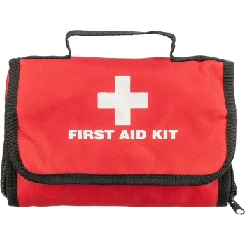 Premium Erste-Hilfeset für Hund+Katze Ein rotes Erste-Hilfe-Set für Haustiere mit einem weißen Kreuz, das Scheren, Tücher, Verbände, Handschuhe und eine Notfalldecke enthält.