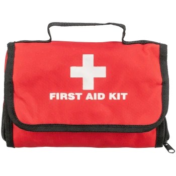 Ein rotes Erste-Hilfe-Set für Haustiere mit einem weißen Kreuz, das Scheren, Tücher, Verbände, Handschuhe und eine Notfalldecke enthält.