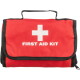 Une trousse de premiers secours pour animaux de compagnie rouge avec une croix blanche, contenant des ciseaux, des lingettes, des pansements, des gants et une couverture d'urgence.
