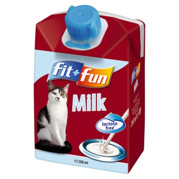 Een karton lactosevrije melk voor katten, gelabeld "fit+fun Milk," met een speelse kattenafbeelding en een spetter melk grafiek.