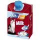 A carton of lactose-free milk for cats, labeled "fit+fun Milk," featuring a playful cat image and a splash of milk graphic.