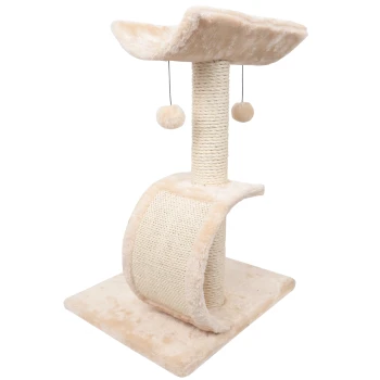 - Kratzbaum - Katzenbaum Halbrund Ein beiger Katzenbaum mit einer plüschigen oberen Liegefläche, einem mit Sisal umwickelten Kratzbaum und zwei hängenden Pompons zum Spielen.