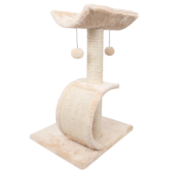 Ein beiger Katzenbaum mit einer plüschigen oberen Liegefläche, einem mit Sisal umwickelten Kratzbaum und zwei hängenden Pompons zum Spielen.