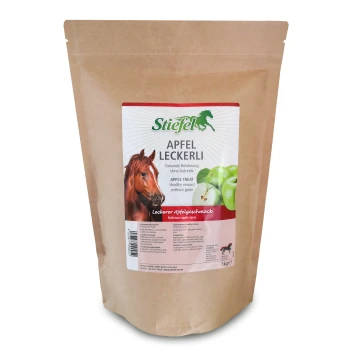 Braune Papiertüte mit Stiefel Apfel Leckerli für Pferde, mit einem Pferdebild und Text, der den gesunden, getreidefreien Apfelgeschmack hervorhebt.
