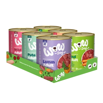Eine Anzeige von sechs Dosen "WOW Dog" Premium-Hundefutter, mit den Geschmacksrichtungen: Wild (Reh), Pute (Truthahn) und Lamm für Erwachsene.