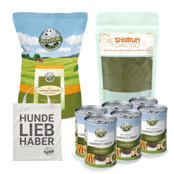 Tierfutterartikel: BELLFOR Langgut-Happen Snacks, Shiimun Gastro Pulver, sechs BELLFOR Landgut-Menü Dosen und eine "Hunde Liebhaber" Tragetasche.